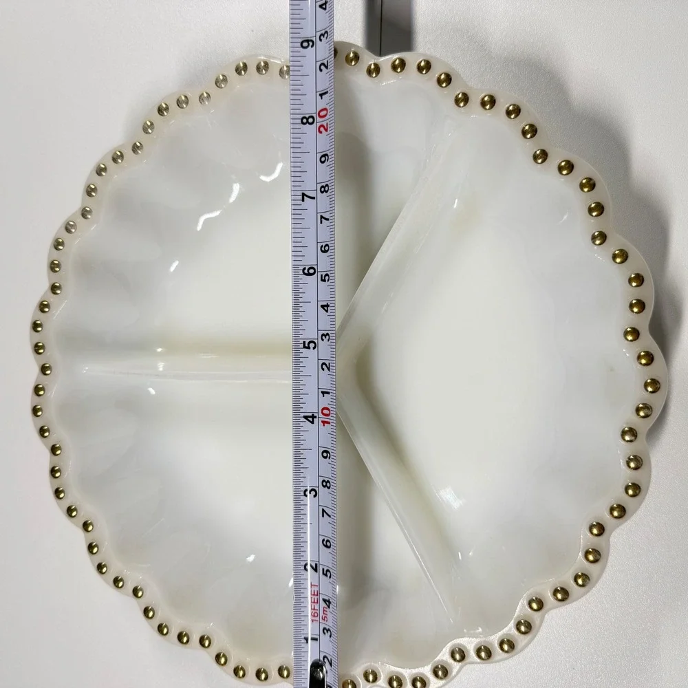2 FIRE-KING Vintage White Milk Glass Gold Beaded Trim Serving Platter Relish